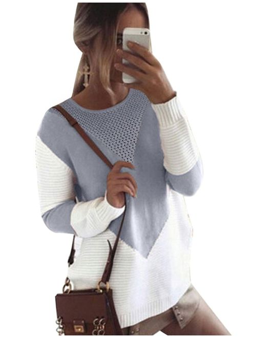 shermie Women Long Sleeve Crew Neck Pullovers Stitching Color Loose Knitted Sweaters