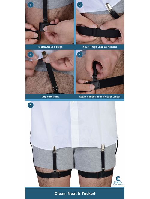 Garter Style Shirt Stays - Adjustable Elastic Shirt Garters with Locking, Non-Slip Clips (2-Pack, 1-Pair)