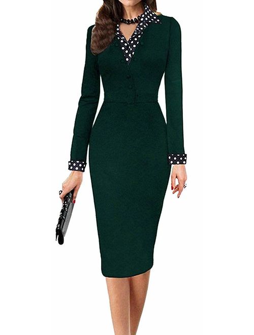 LunaJany Women's Polka Dot Long Sleeve Wear to Work Office Pencil Dress