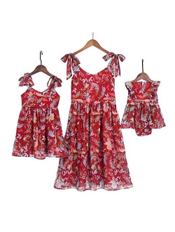 PopReal Mommy and Me Floral Printed Dresses Shoulder Straps Bowknot Chiffon Sleeveless Beach Mini Sundress