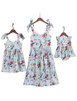 PopReal Mommy and Me Floral Printed Dresses Shoulder Straps Bowknot Chiffon Sleeveless Beach Mini Sundress