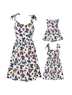 PopReal Mommy and Me Floral Printed Dresses Shoulder Straps Bowknot Chiffon Sleeveless Beach Mini Sundress