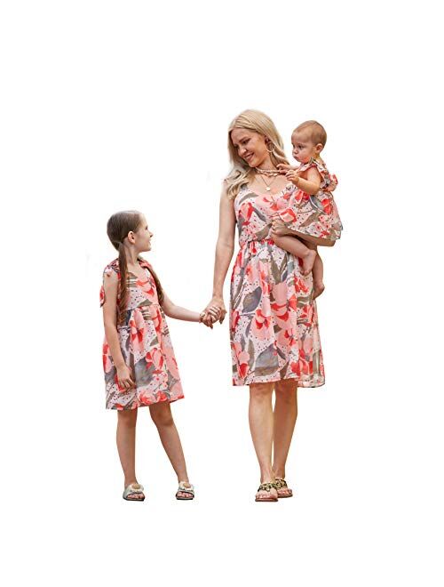 PopReal Mommy and Me Floral Printed Dresses Shoulder Straps Bowknot Chiffon Sleeveless Beach Mini Sundress