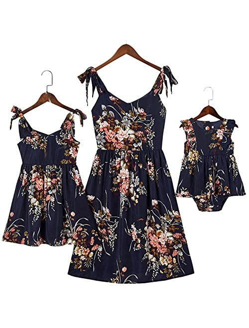 PopReal Mommy and Me Floral Printed Dresses Shoulder Straps Bowknot Chiffon Sleeveless Beach Mini Sundress