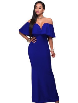 AlvaQ Women's Sexy V Neck Ruffle Off Shoulder Evening Maxi Party Dress