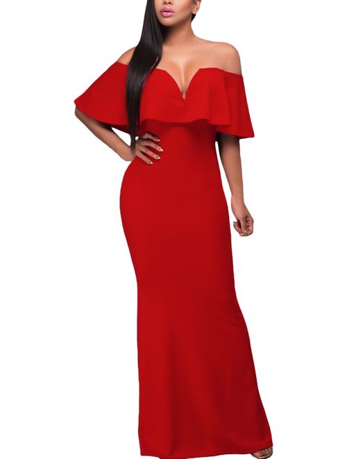 AlvaQ Women's Sexy V Neck Ruffle Off Shoulder Evening Maxi Party Dress