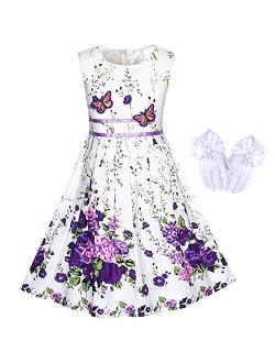 Girls Dress Rose Flower Double Bow Tie Party Sundress