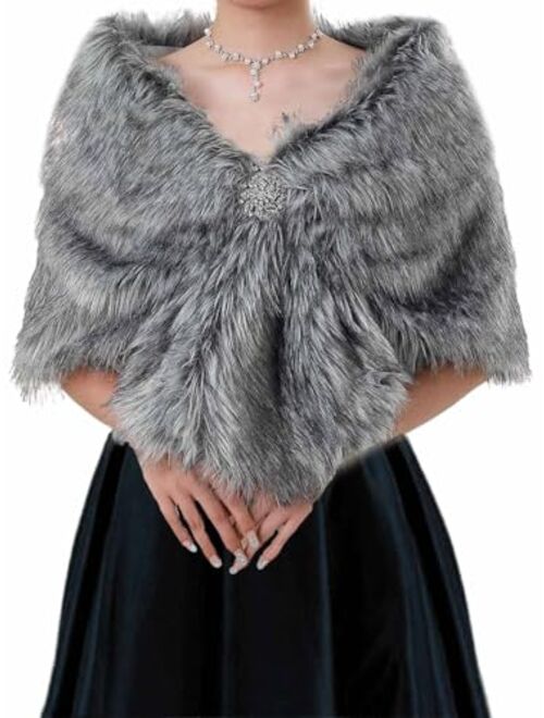 Aukmla Sleeveless Faux Fur Shawl Wedding Fur Wraps and Shawls Bridal Fur Stole for Brides and Bridesmaids