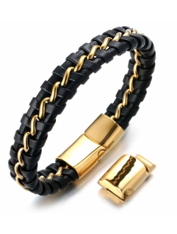 Halukakah Solo Men's Genuine Leather Bracelet with Titanium Chain Gun Black/Moonlight Silver/Honor Gold 8.5"(21.5cm)-9"(23cm) with FREE Giftbox