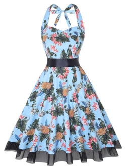 oten Women's Vintage Polka Dot Halter Dress 1950s Floral Sping Retro Rockabilly Cocktail Swing Tea Dresses