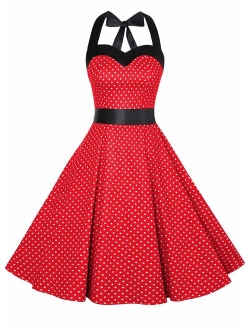 oten Women's Vintage Polka Dot Halter Dress 1950s Floral Sping Retro Rockabilly Cocktail Swing Tea Dresses