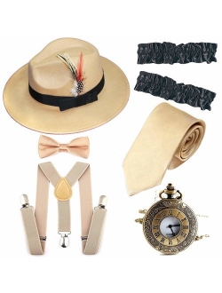 Men's Roaring 1920s Set Manhattan Fedora Hat,Y-Back Suspenders & Pre Tied Bow Tie, Gangster Tie & Fake Mustache