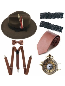 Men's Roaring 1920s Set Manhattan Fedora Hat,Y-Back Suspenders & Pre Tied Bow Tie, Gangster Tie & Fake Mustache