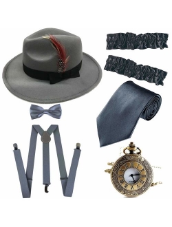 Men's Roaring 1920s Set Manhattan Fedora Hat,Y-Back Suspenders & Pre Tied Bow Tie, Gangster Tie & Fake Mustache