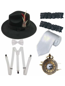 Men's Roaring 1920s Set Manhattan Fedora Hat,Y-Back Suspenders & Pre Tied Bow Tie, Gangster Tie & Fake Mustache