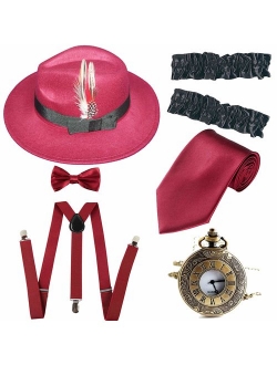 Men's Roaring 1920s Set Manhattan Fedora Hat,Y-Back Suspenders & Pre Tied Bow Tie, Gangster Tie & Fake Mustache