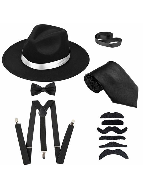 Men's Roaring 1920s Set Manhattan Fedora Hat,Y-Back Suspenders & Pre Tied Bow Tie, Gangster Tie & Fake Mustache