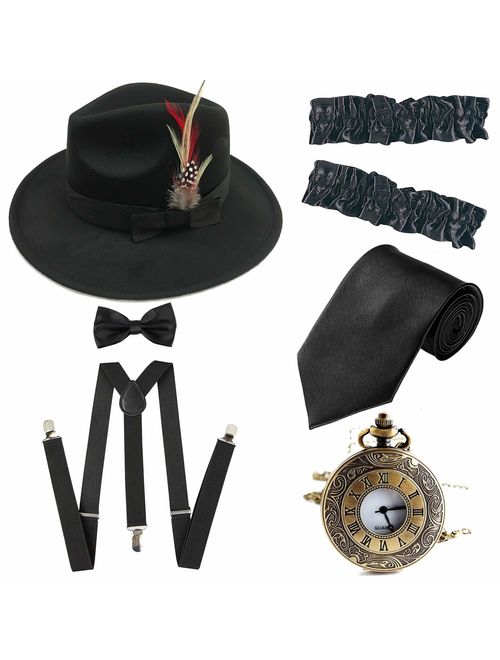 Men's Roaring 1920s Set Manhattan Fedora Hat,Y-Back Suspenders & Pre Tied Bow Tie, Gangster Tie & Fake Mustache