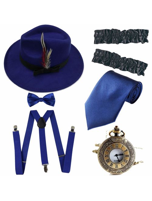 Men's Roaring 1920s Set Manhattan Fedora Hat,Y-Back Suspenders & Pre Tied Bow Tie, Gangster Tie & Fake Mustache