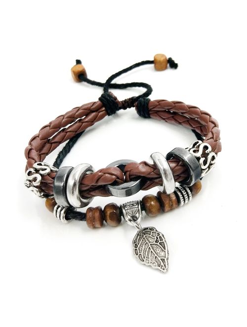 Suyi Multilayer Adjustable Leather Woven Braided Bangle Cross Bracelet Leaf Wrist Cuff Wristband