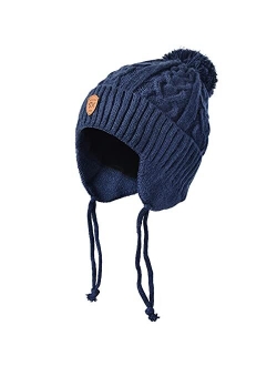 SOMALER Toddler Boys Fleece Lined Knit Beanies hat with Earflap Kids Warm Fur Pom Pom Winter hat