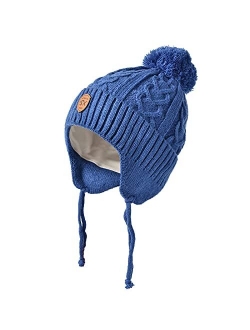 SOMALER Toddler Boys Fleece Lined Knit Beanies hat with Earflap Kids Warm Fur Pom Pom Winter hat