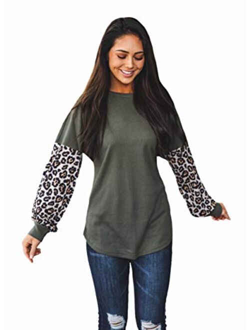 Tickled Teal Women's Long Sleeve Leopard Knit Casual Loose Sweater Outerwear