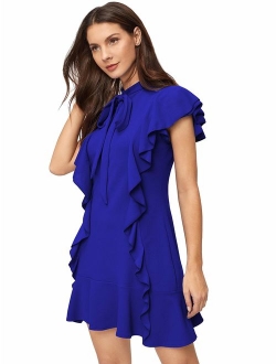 Women's Tie Neck Short Sleeve Ruffle Hem Cocktail Party Dress