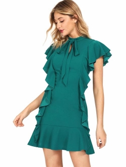 Women's Tie Neck Short Sleeve Ruffle Hem Cocktail Party Dress