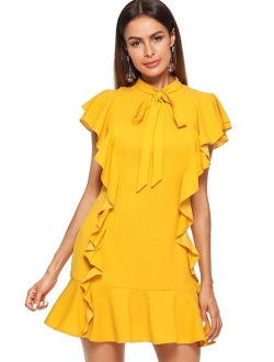 Women's Tie Neck Short Sleeve Ruffle Hem Cocktail Party Dress