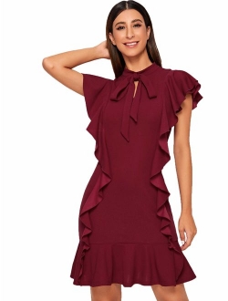 Women's Tie Neck Short Sleeve Ruffle Hem Cocktail Party Dress