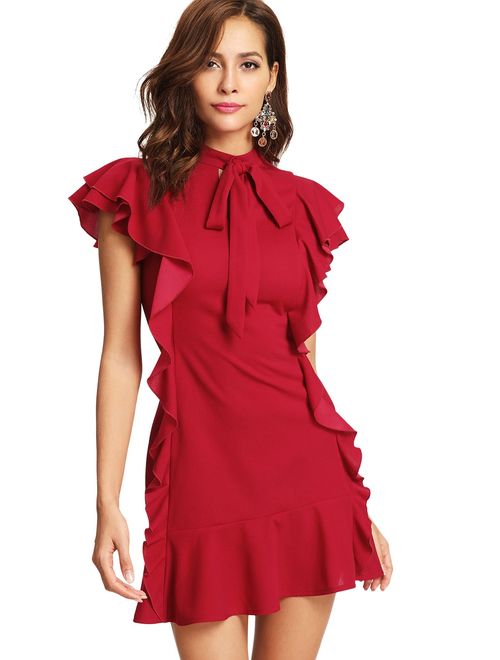 Floerns Women's Tie Neck Short Sleeve Ruffle Hem Cocktail Party Dress