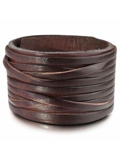 INBLUE Men's Alloy Genuine Leather Bracelet Bangle Cuff Brown Silver Tone Black White Adjustable