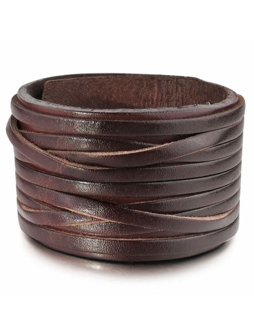 INBLUE Men's Alloy Genuine Leather Bracelet Bangle Cuff Brown Silver Tone Black White Adjustable