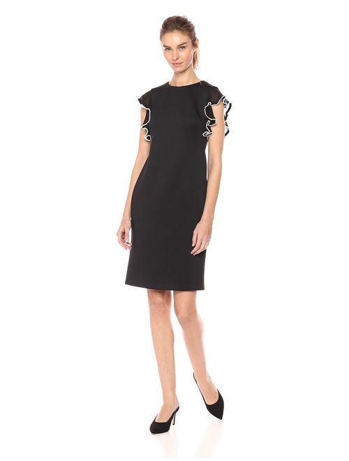 Calvin Klein Women's Solid Sheath with Pearl Detailed Flutter Sleeve Dress