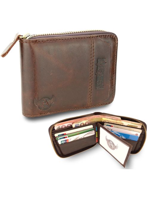 Admetus Men's Genuine Leather Short Zip-around Bifold Wallet