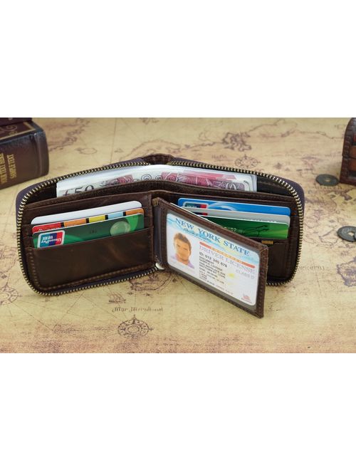 Admetus Men's Genuine Leather Short Zip-around Bifold Wallet