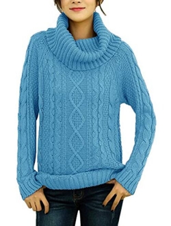 v28 Women's Pure Cotton Korean Turtle Cowl Neck Ribbed Cable Knit Long Sweater