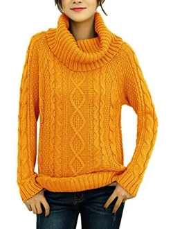 v28 Women's Pure Cotton Korean Turtle Cowl Neck Ribbed Cable Knit Long Sweater