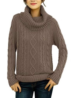 v28 Women's Pure Cotton Korean Turtle Cowl Neck Ribbed Cable Knit Long Sweater