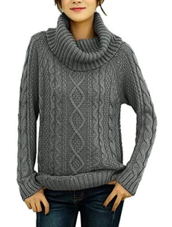 v28 Women's Pure Cotton Korean Turtle Cowl Neck Ribbed Cable Knit Long Sweater