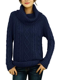 v28 Women's Pure Cotton Korean Turtle Cowl Neck Ribbed Cable Knit Long Sweater