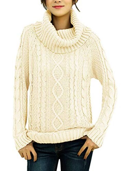 v28 Women's Pure Cotton Korean Turtle Cowl Neck Ribbed Cable Knit Long Sweater