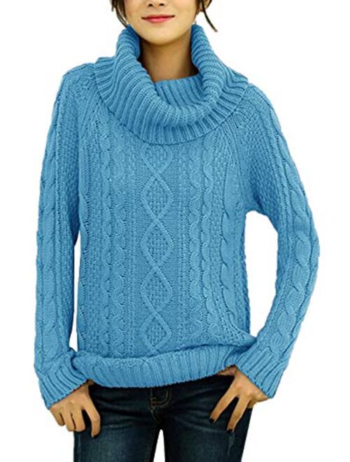 v28 Women's Pure Cotton Korean Turtle Cowl Neck Ribbed Cable Knit Long Sweater