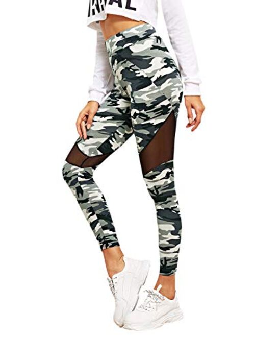 SweatyRocks Women's Stretchy Skinny Sheer Mesh Insert Workout Leggings Yoga Tights