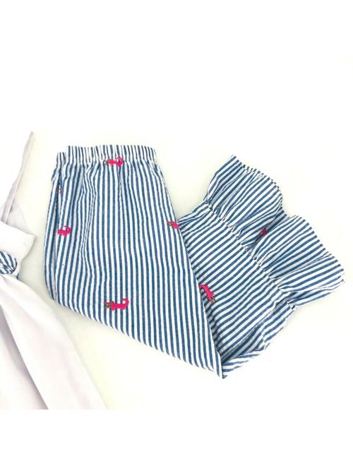 Kelly's Kids Girls Pants 6 7 Set Blue White Stripes Pink Alligators Ruffle