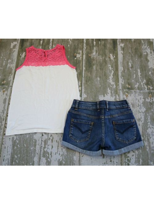 RUBY & BLOOM White Pink lace Trim Tank Top Shirt Johnnie BODEN Denim shorts Set