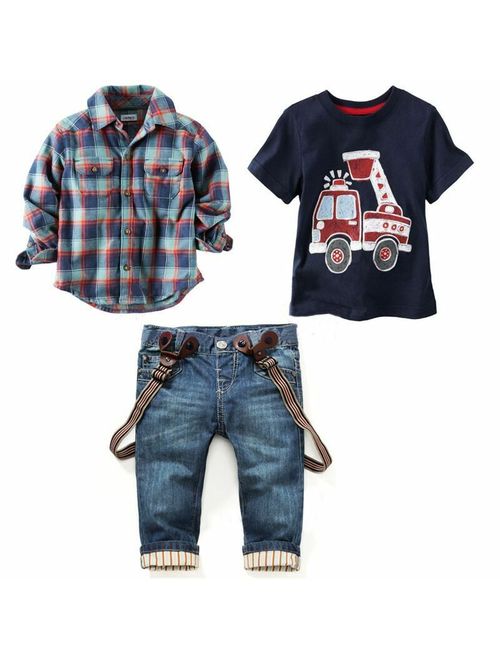 3Pcs Kids Boys Plaid shirt,Short Sleeve Car T-shirt, jeans Clothes Outfits Sets