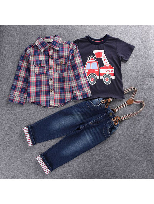 3Pcs Kids Boys Plaid shirt,Short Sleeve Car T-shirt, jeans Clothes Outfits Sets