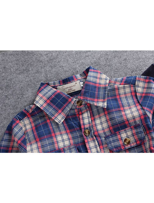 3Pcs Kids Boys Plaid shirt,Short Sleeve Car T-shirt, jeans Clothes Outfits Sets